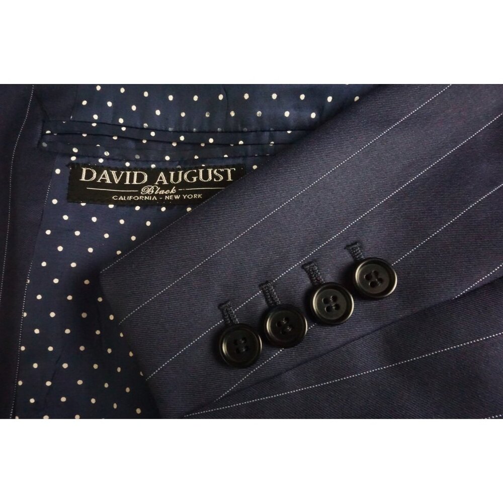David August Black Navy Blue Pinstriped Wool 2 Pc Suit Jacket Pants Sz 44L